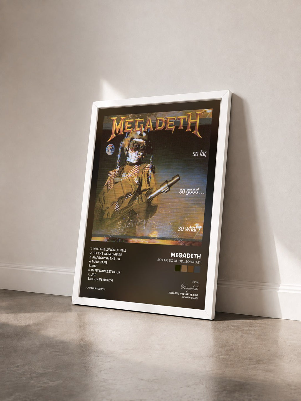 #blanc Tableau de l'album So Far, So Good...So What! de Megadeth vu de trois quarts, cadre blanc