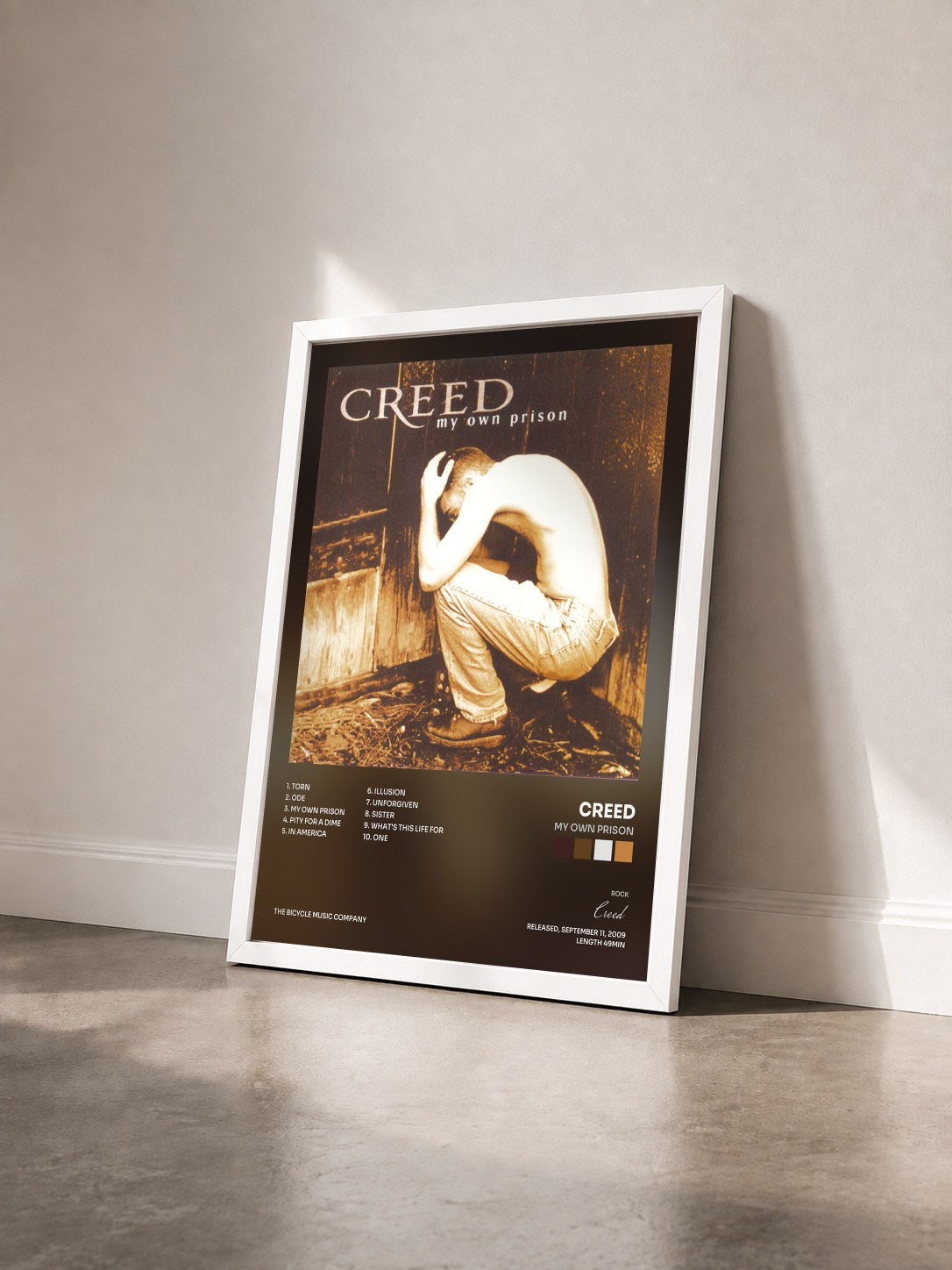 #blanc Tableau de l'album My Own Prison de Creed vu de trois quarts, cadre blanc