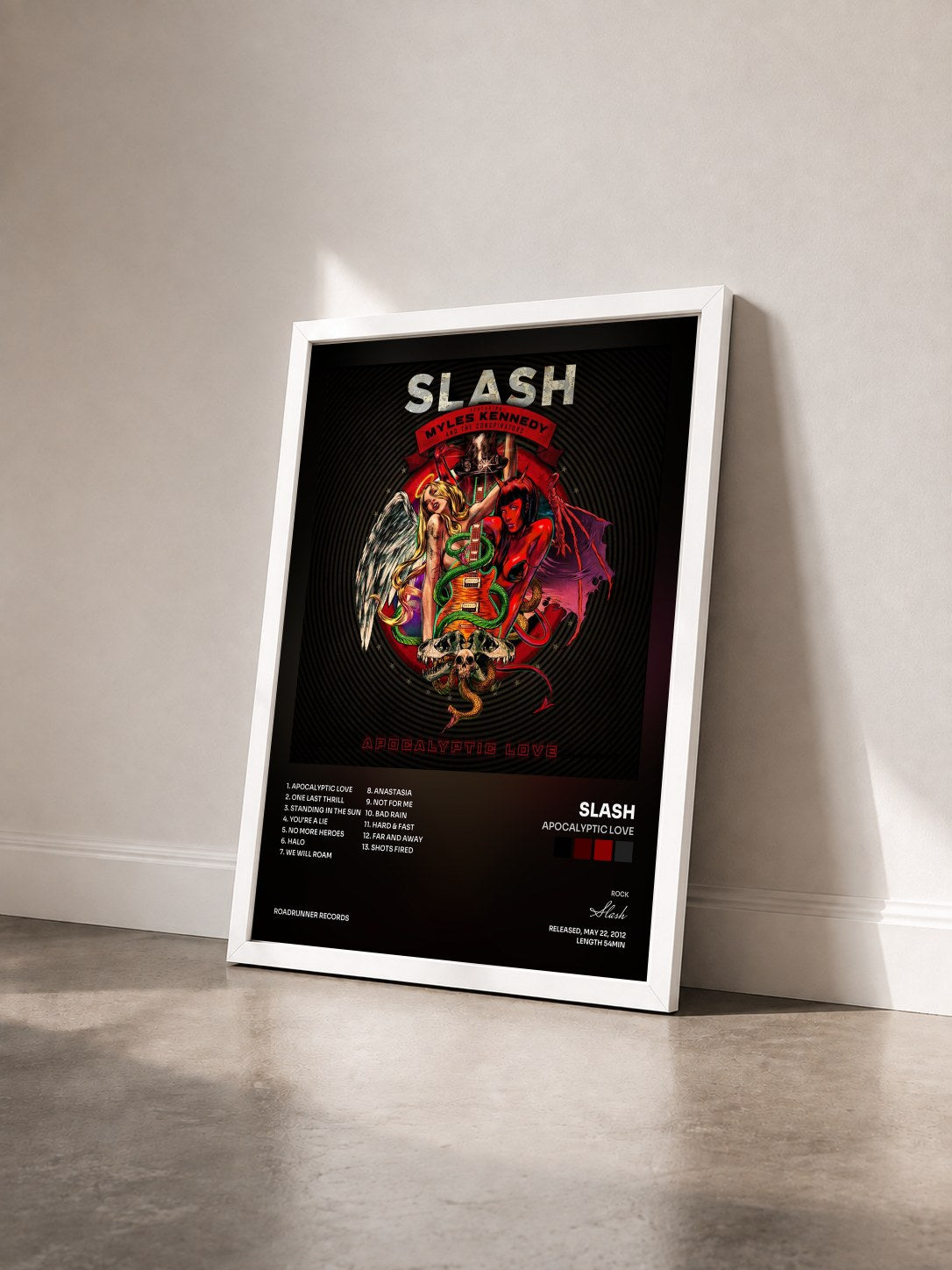 #blanc Apocalyptic Love by Slash as a framed art print seen at an angle, white frame