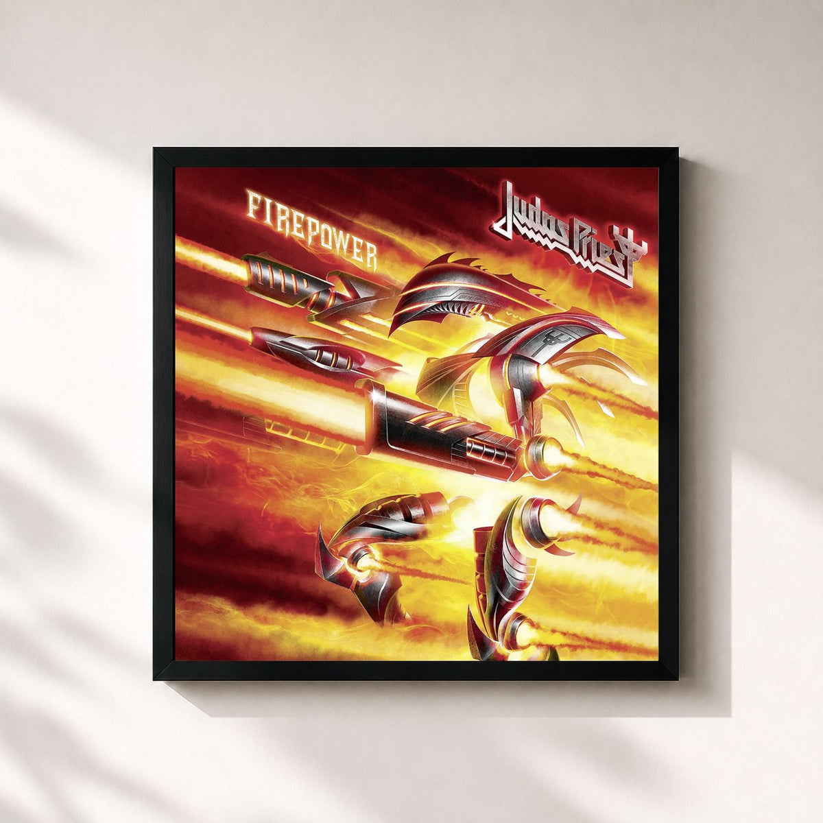 #noir Tableau carré de l'album Firepower de Judas Priest, cadre noir 32x32 cm