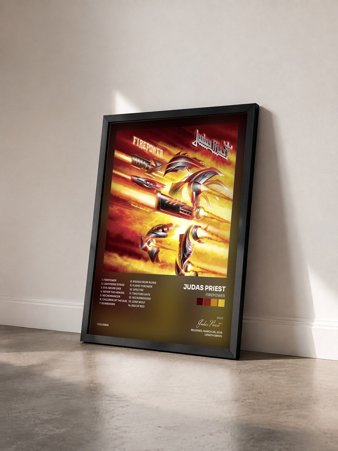 #noir Tableau de l'album Firepower de Judas Priest vu de trois quarts, cadre noir