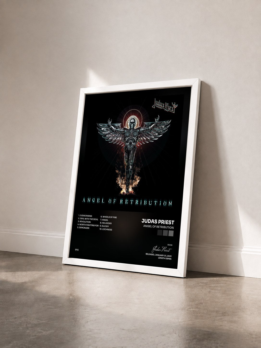 #blanc Tableau de l'album Angel Of Retribution de Judas Priest vu de trois quarts, cadre blanc