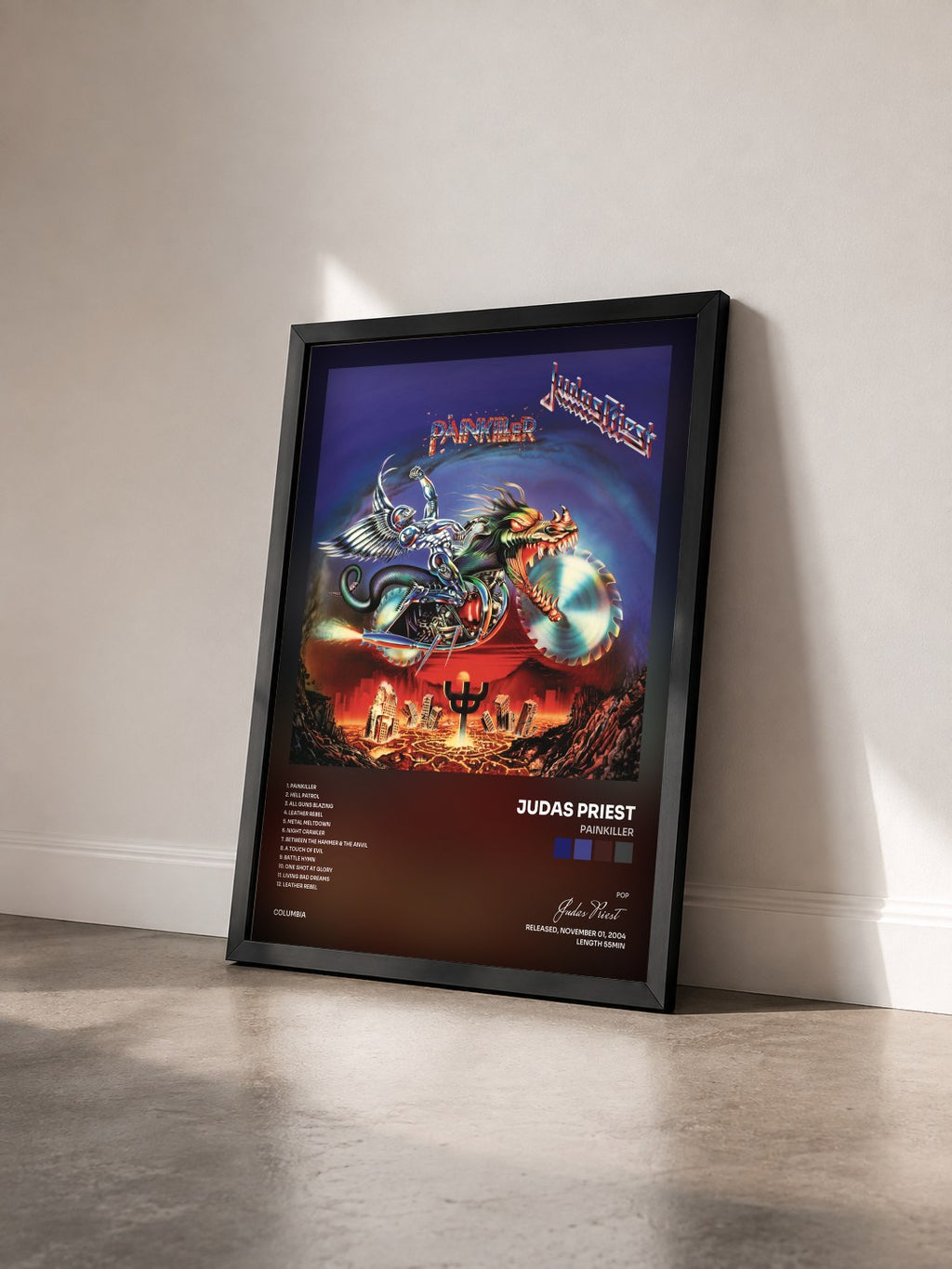 #noir Painkiller by Judas Priest as a framed art print seen at an angle, black frame