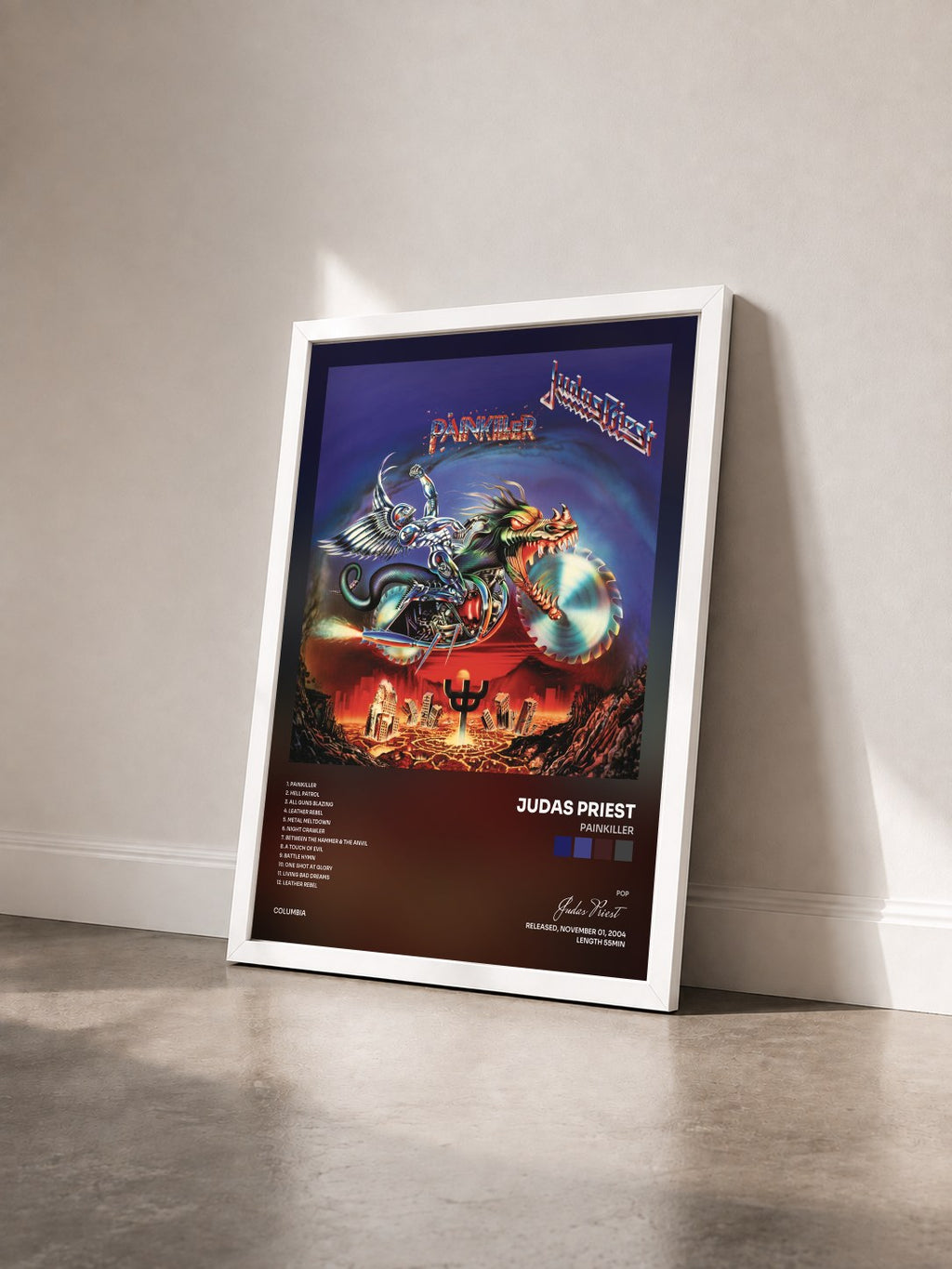 #blanc Painkiller by Judas Priest as a framed art print seen at an angle, white frame