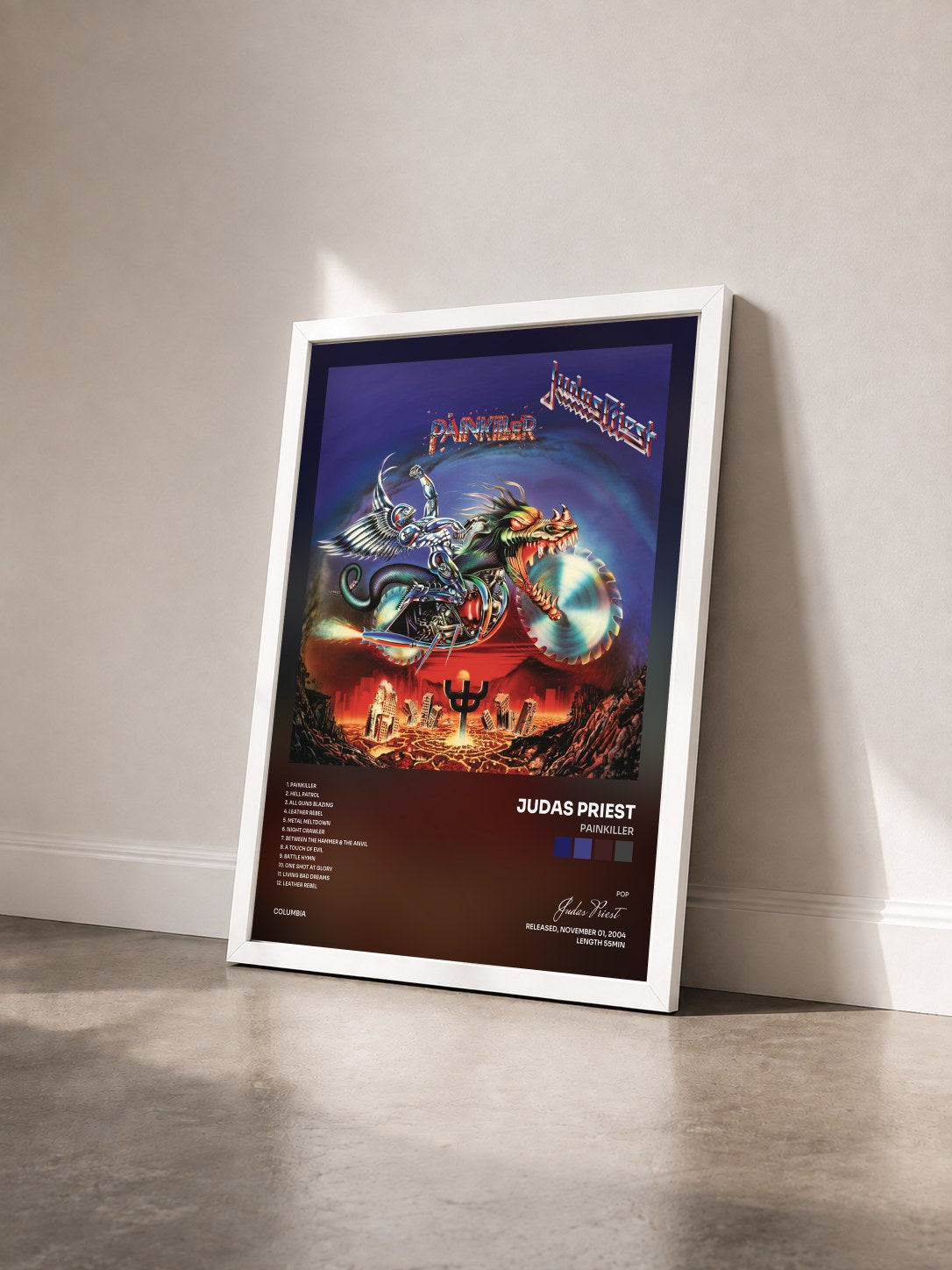 #blanc Tableau de l'album Painkiller de Judas Priest vu de trois quarts, cadre blanc