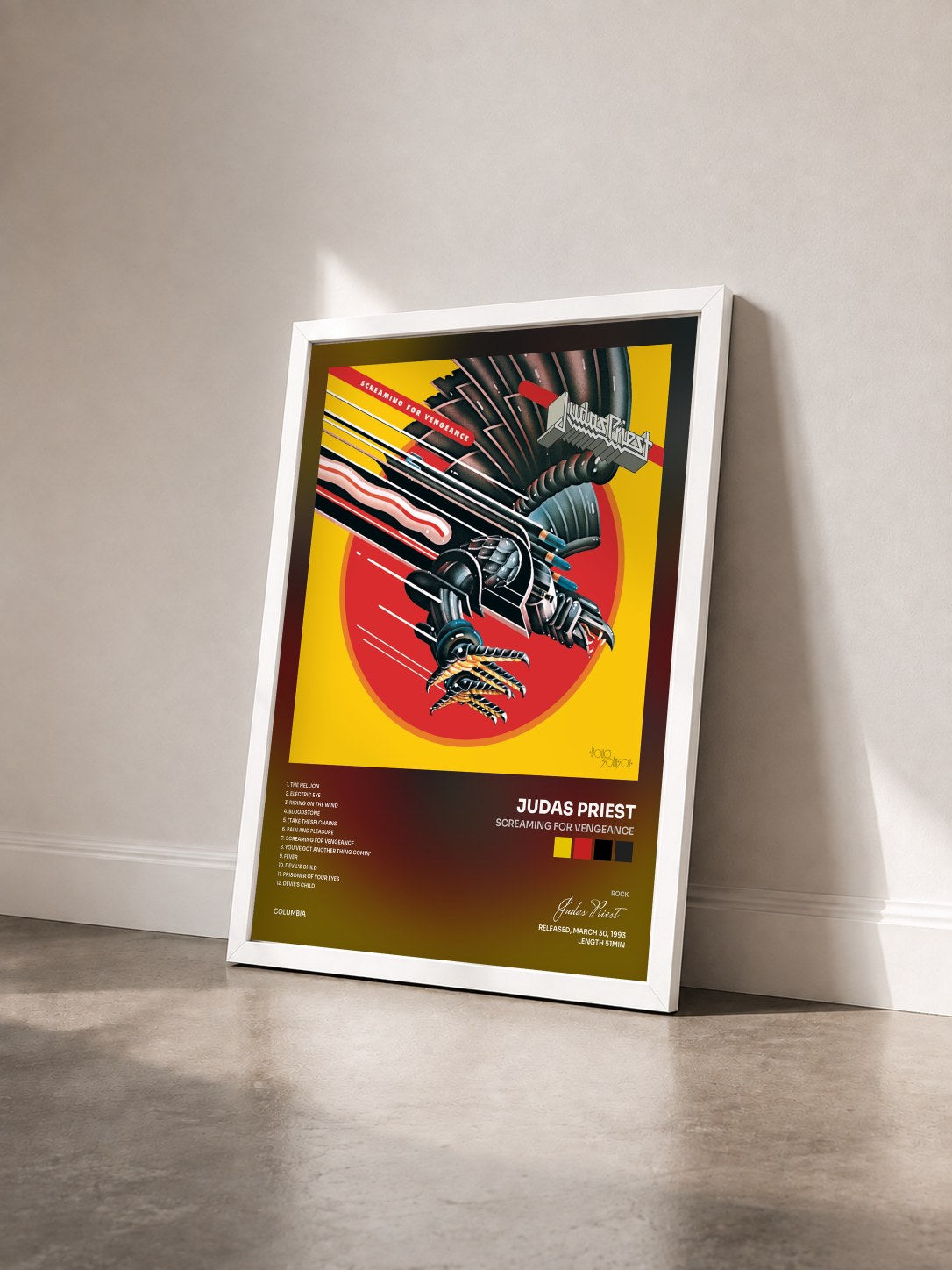 #blanc Tableau de l'album Screaming For Vengeance de Judas Priest vu de trois quarts, cadre blanc