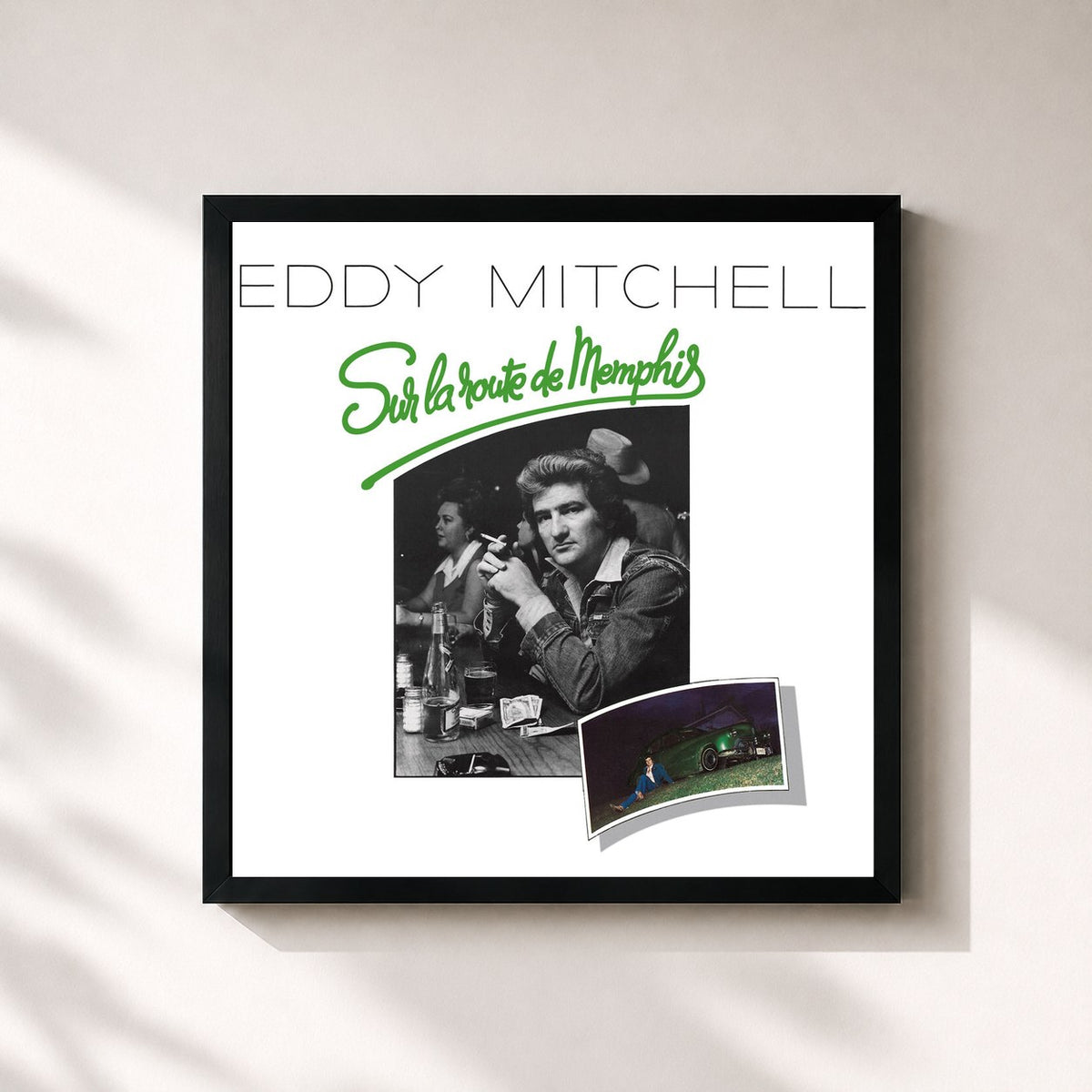 #noir Tableau carré de l'album Sur La Route De Memphis de Eddy Mitchell, cadre noir 32x32 cm