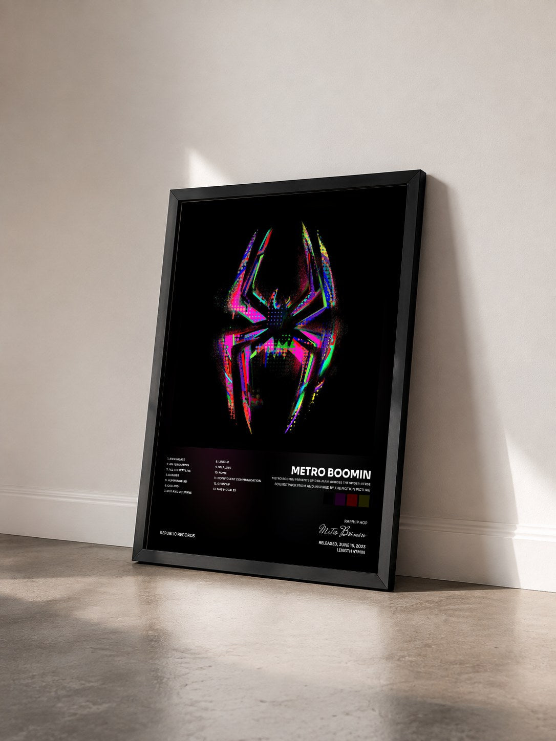 #noir METRO BOOMIN PRESENTS SPIDER-MAN: ACROSS THE SPIDER-VERSE (SOUNDTRACK FROM AND INSPIRED BY THE MOTION PICTURE) by Metro Boomin as a framed art print seen at an angle, black frame