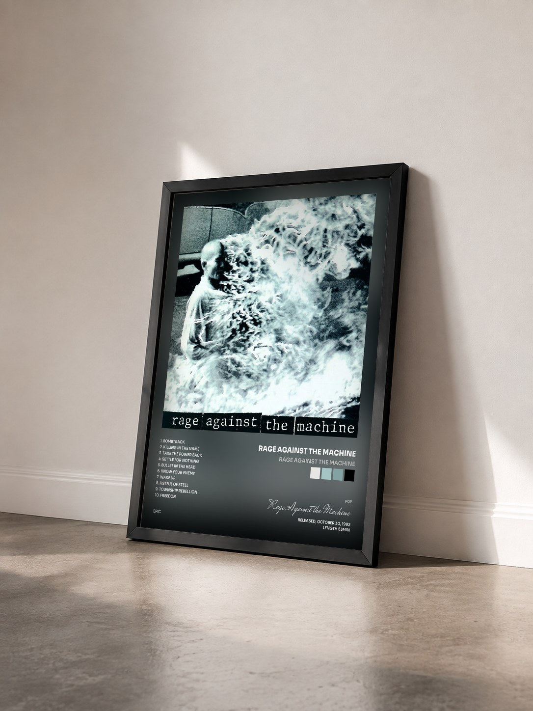 #noir Tableau de l'album Rage Against The Machine de Rage Against the Machine vu de trois quarts, cadre noir