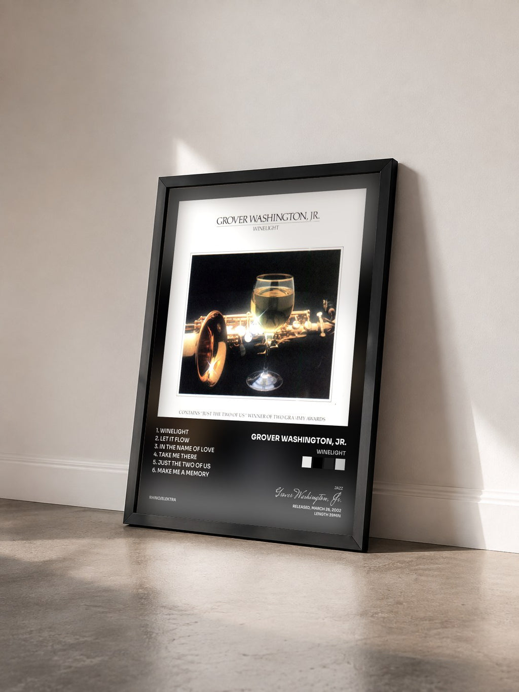 #noir Tableau de l'album Winelight de Grover Washington, Jr. vu de trois quarts, cadre noir