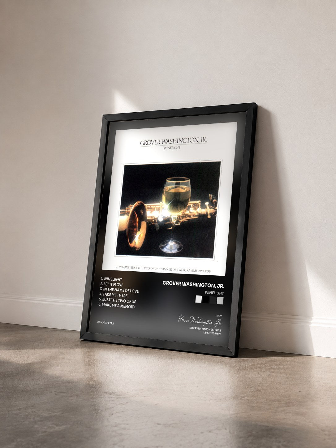 #noir Tableau de l'album Winelight de Grover Washington, Jr. vu de trois quarts, cadre noir