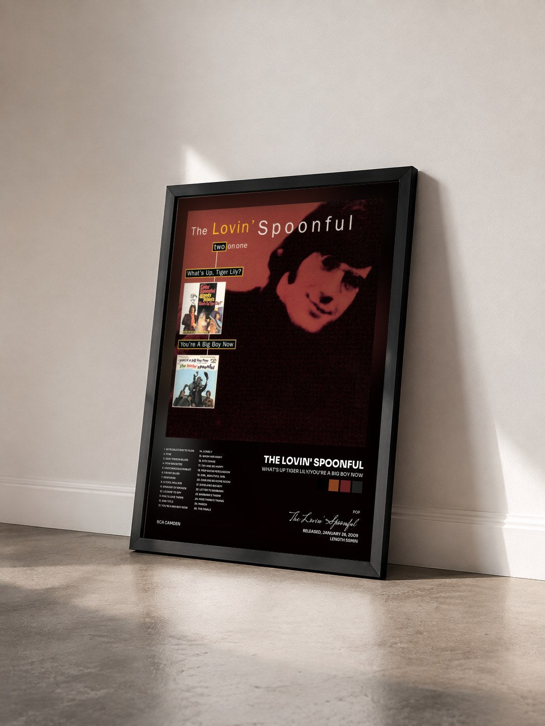 #noir Tableau de l'album What's Up Tiger Lily/You're A Big Boy Now de The Lovin' Spoonful vu de trois quarts, cadre noir