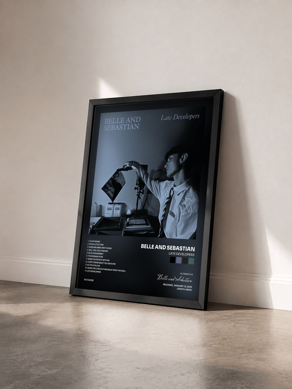 #noir Tableau de l'album Late Developers de Belle and Sebastian vu de trois quarts, cadre noir