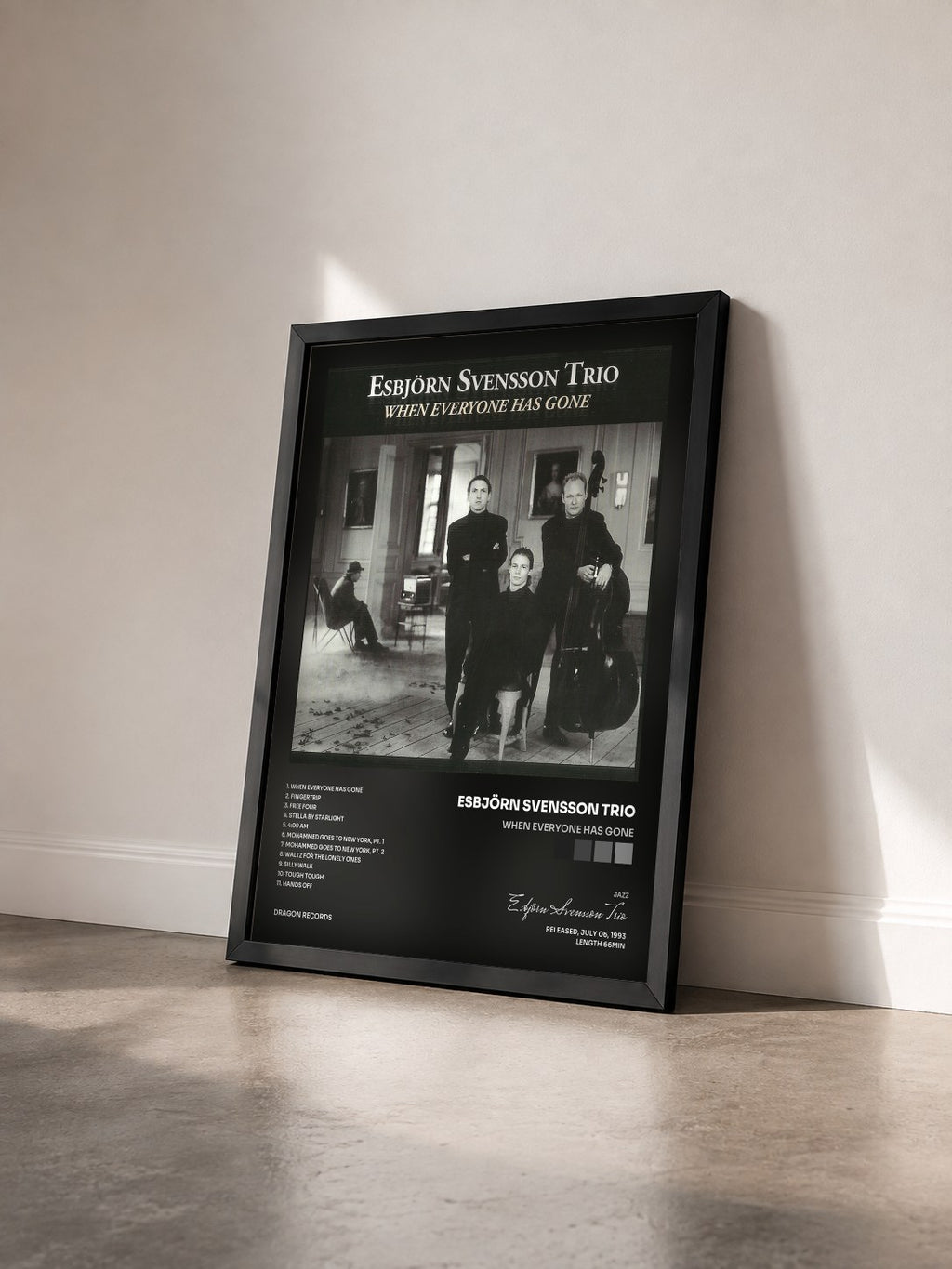 #noir Tableau de l'album When Everyone Has Gone de Esbjörn Svensson Trio vu de trois quarts, cadre noir