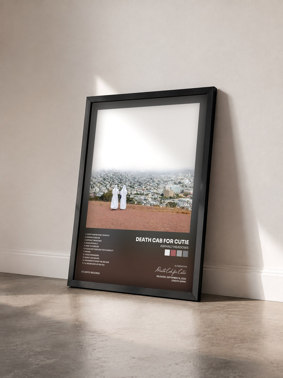 #noir Tableau de l'album Asphalt Meadows de Death Cab for Cutie vu de trois quarts, cadre noir