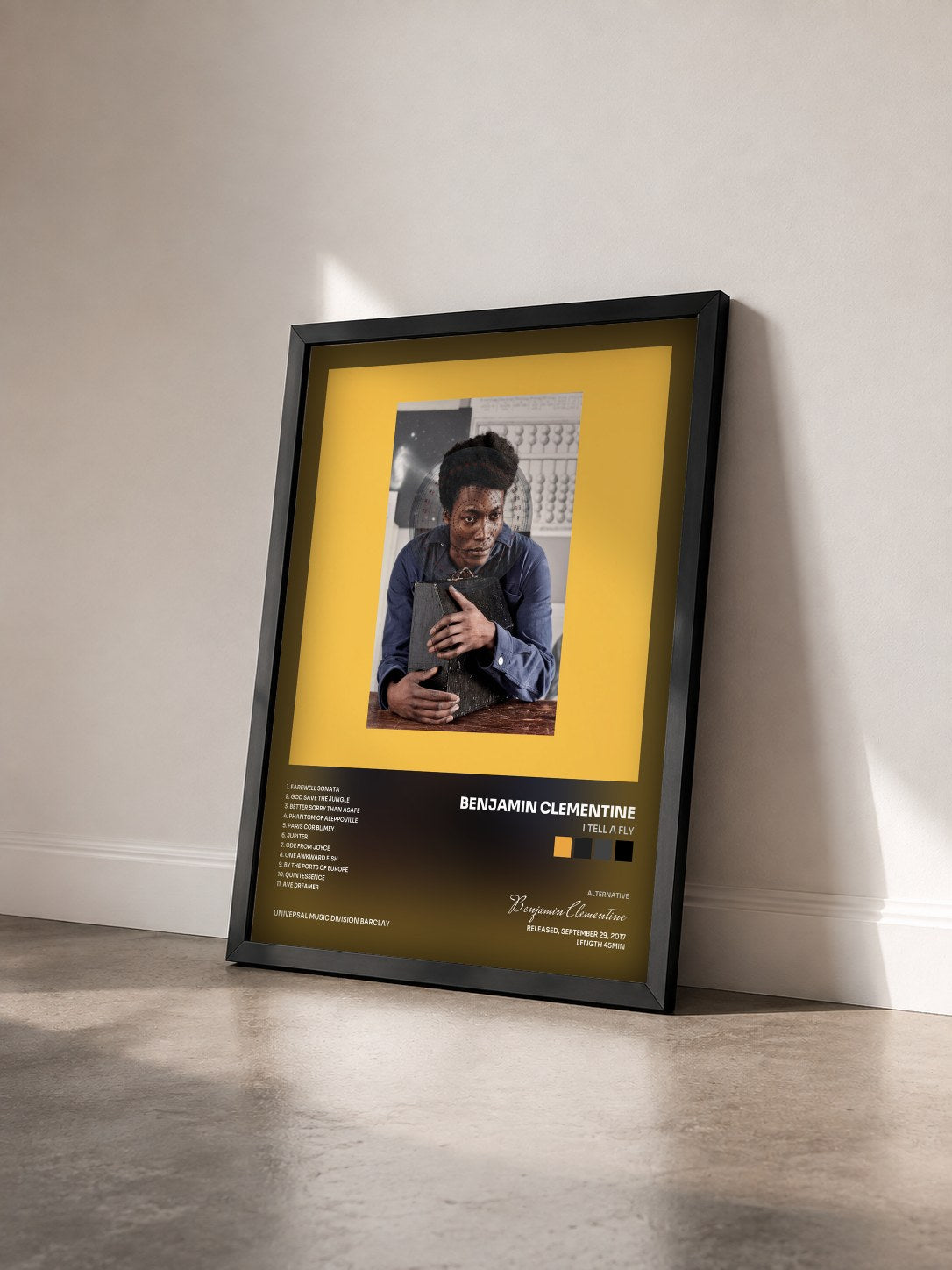 #noir Tableau de l'album I Tell A Fly de Benjamin Clementine vu de trois quarts, cadre noir