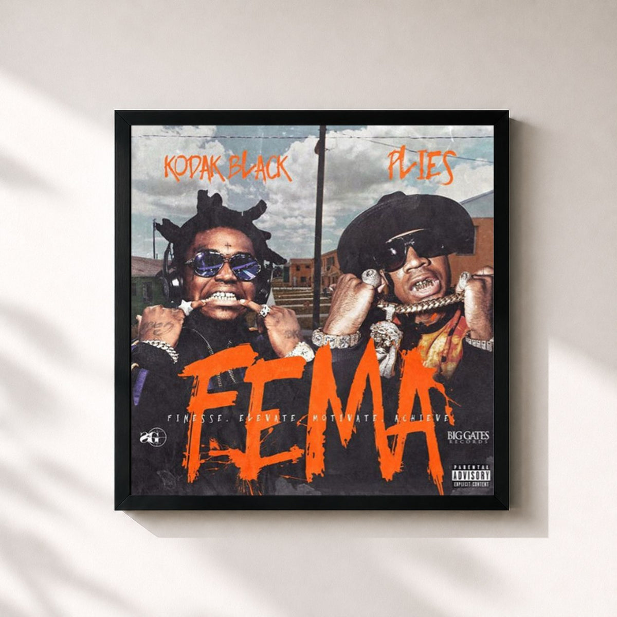#noir Tableau carré de l'album FEMA (Finesse Elevate Motivate Achieve) de Kodak Black, cadre noir 32x32 cm