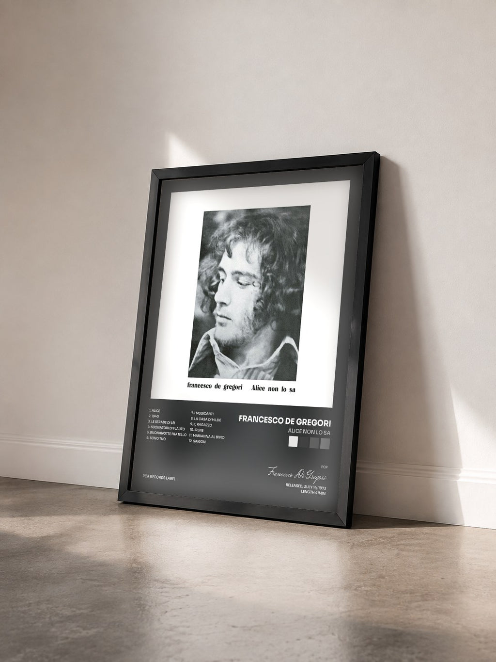 #noir Tableau de l'album Alice Non Lo Sa de Francesco De Gregori vu de trois quarts, cadre noir
