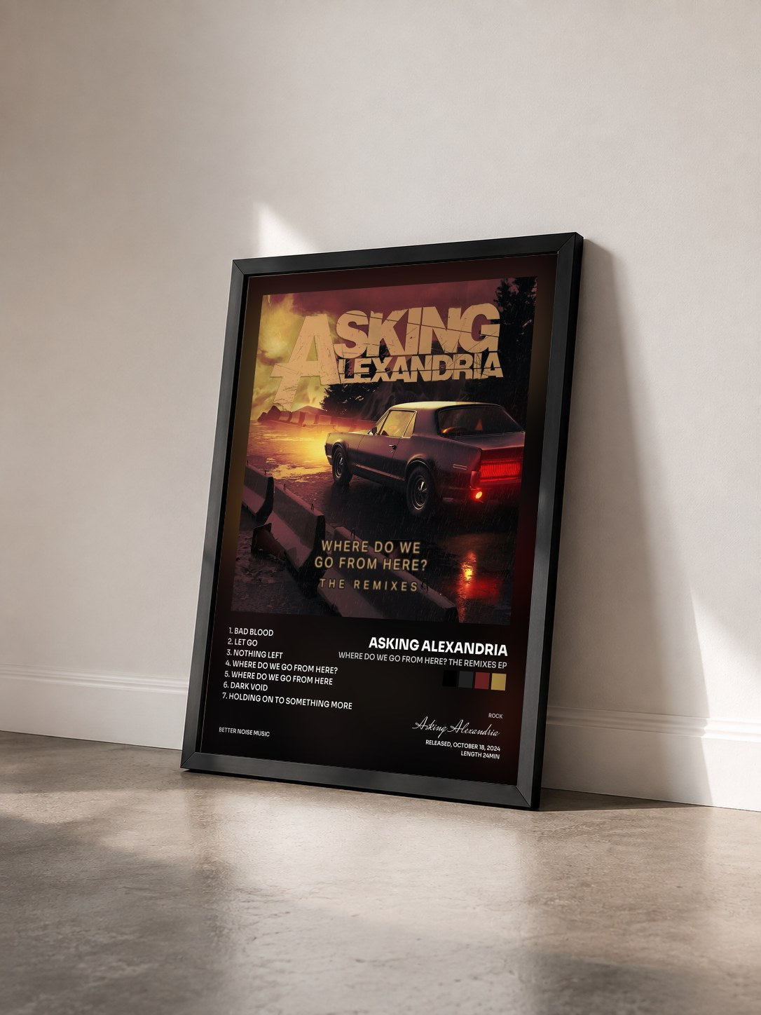 #noir Tableau de l'album Where Do We Go From Here? The Remixes EP de Asking Alexandria vu de trois quarts, cadre noir