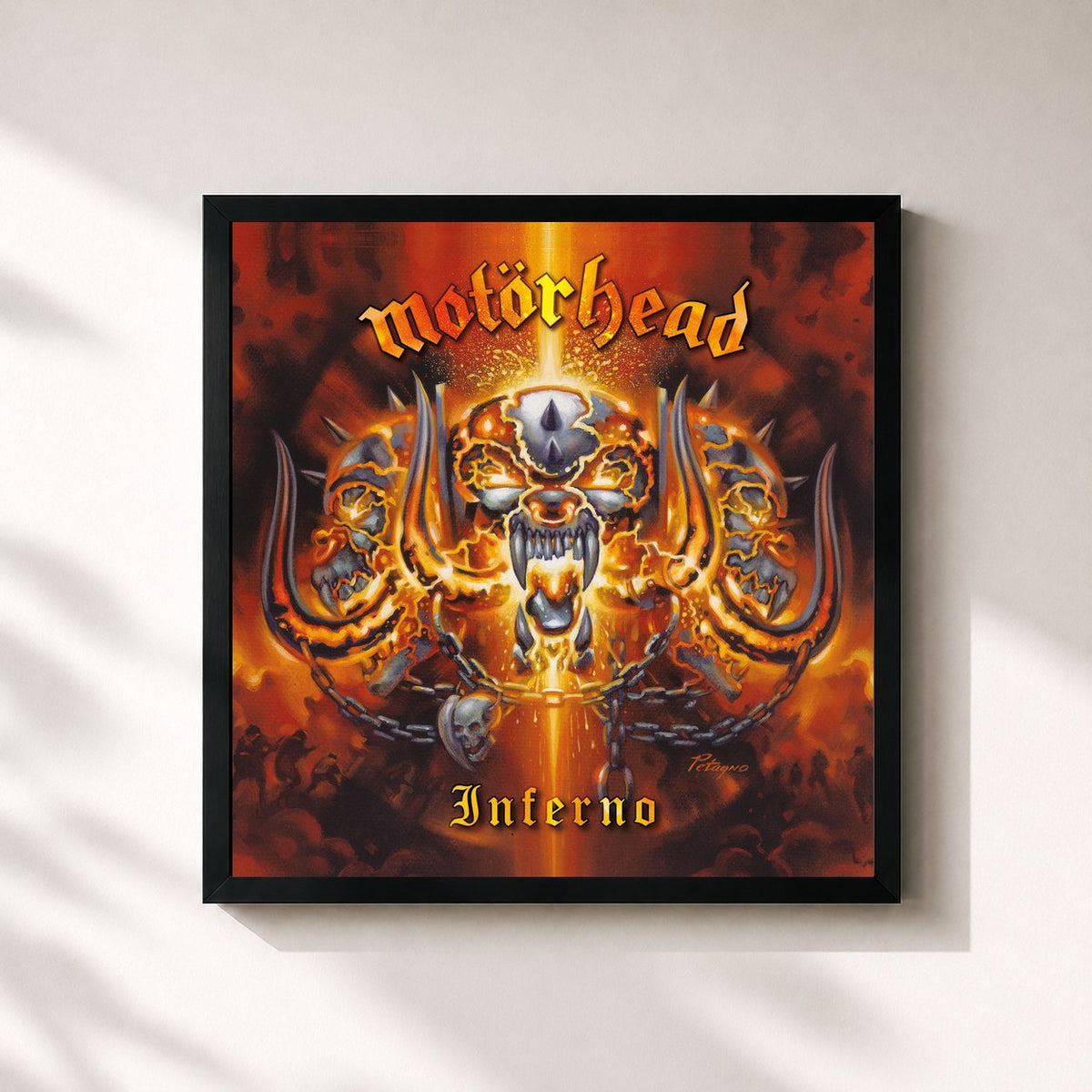 #noir Tableau carré de l'album Inferno de Motörhead, cadre noir 32x32 cm