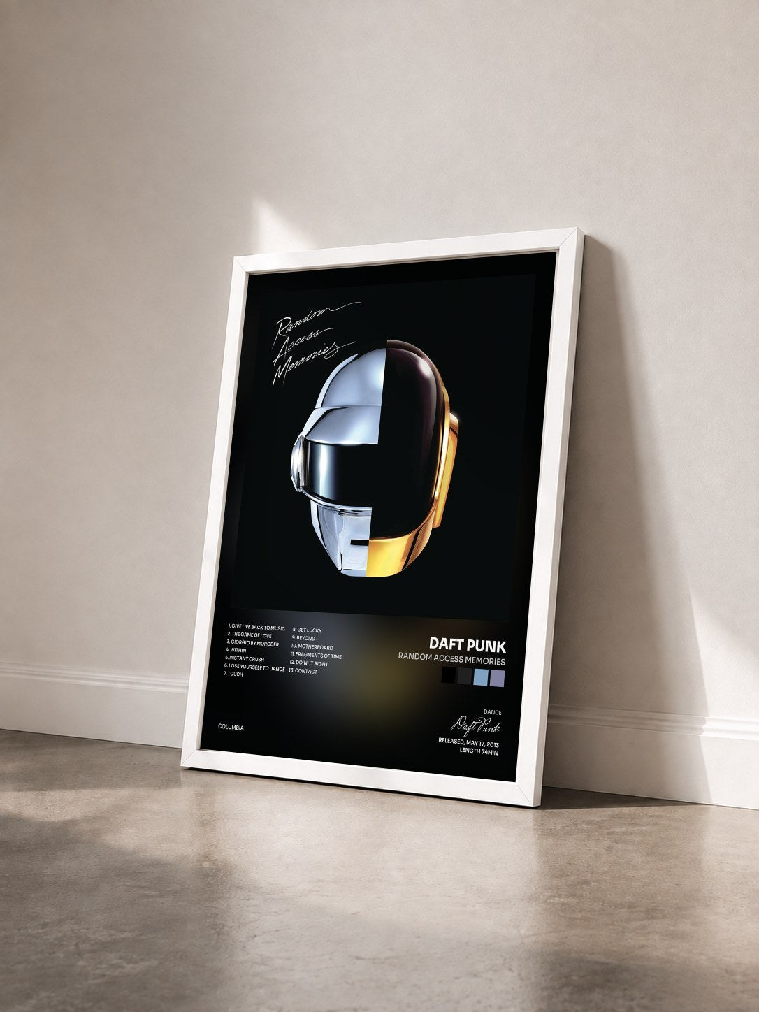 #blanc Tableau de l'album Random Access Memories de Daft Punk vu de trois quarts, cadre blanc