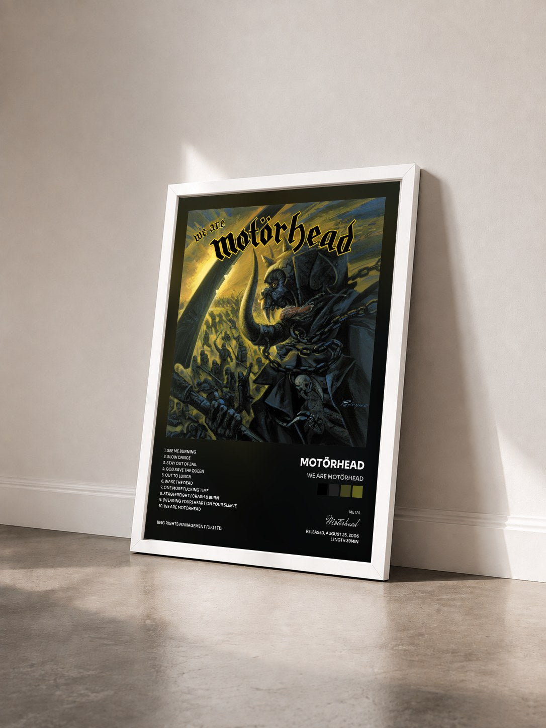 #blanc Tableau de l'album We Are Motörhead de Motörhead vu de trois quarts, cadre blanc
