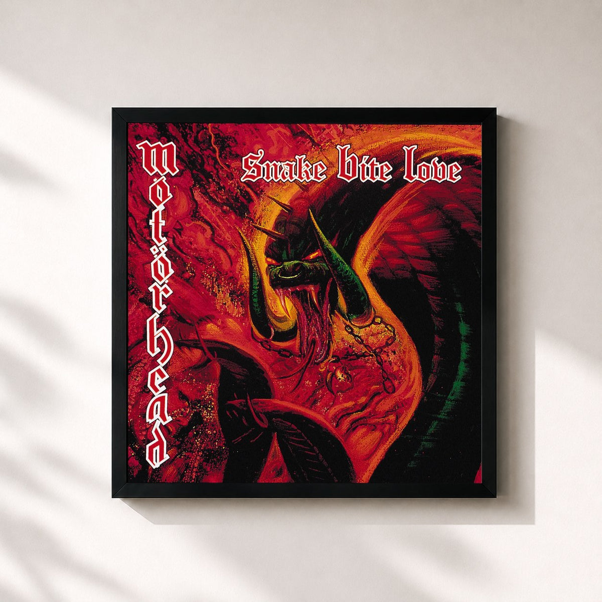 #noir Tableau carré de l'album Snake Bite Love de Motörhead, cadre noir 32x32 cm