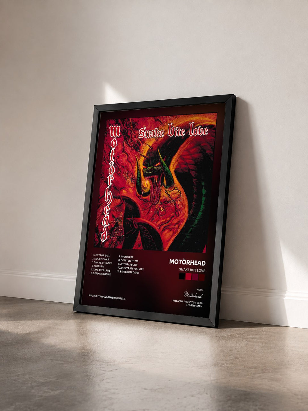 #noir Tableau de l'album Snake Bite Love de Motörhead vu de trois quarts, cadre noir