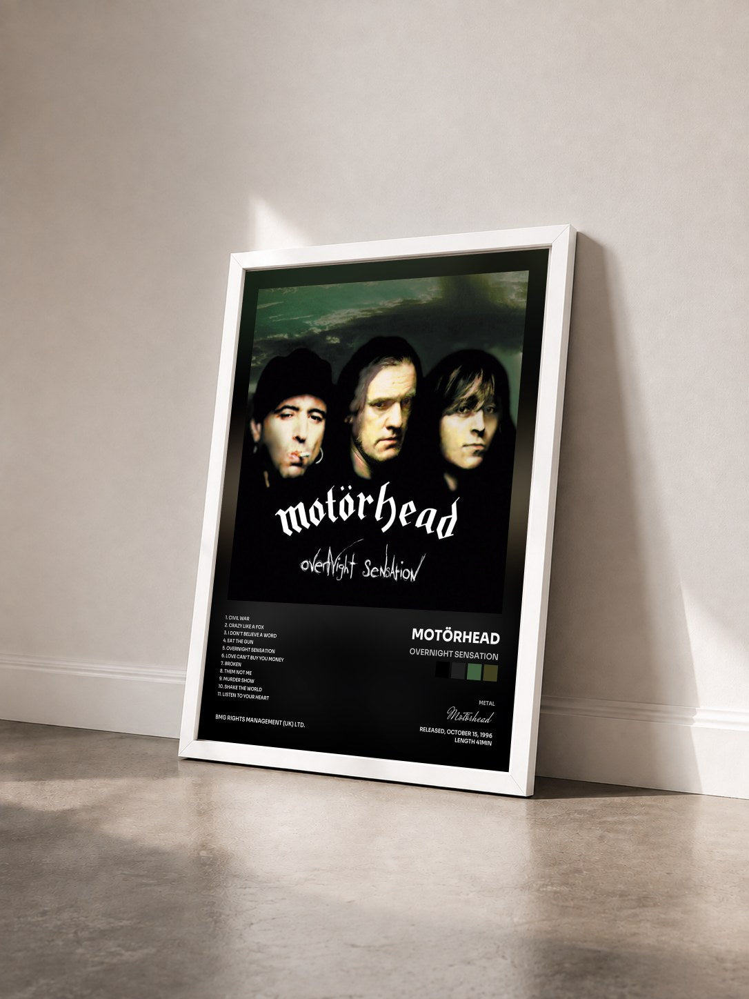 #blanc Tableau de l'album Overnight Sensation de Motörhead vu de trois quarts, cadre blanc