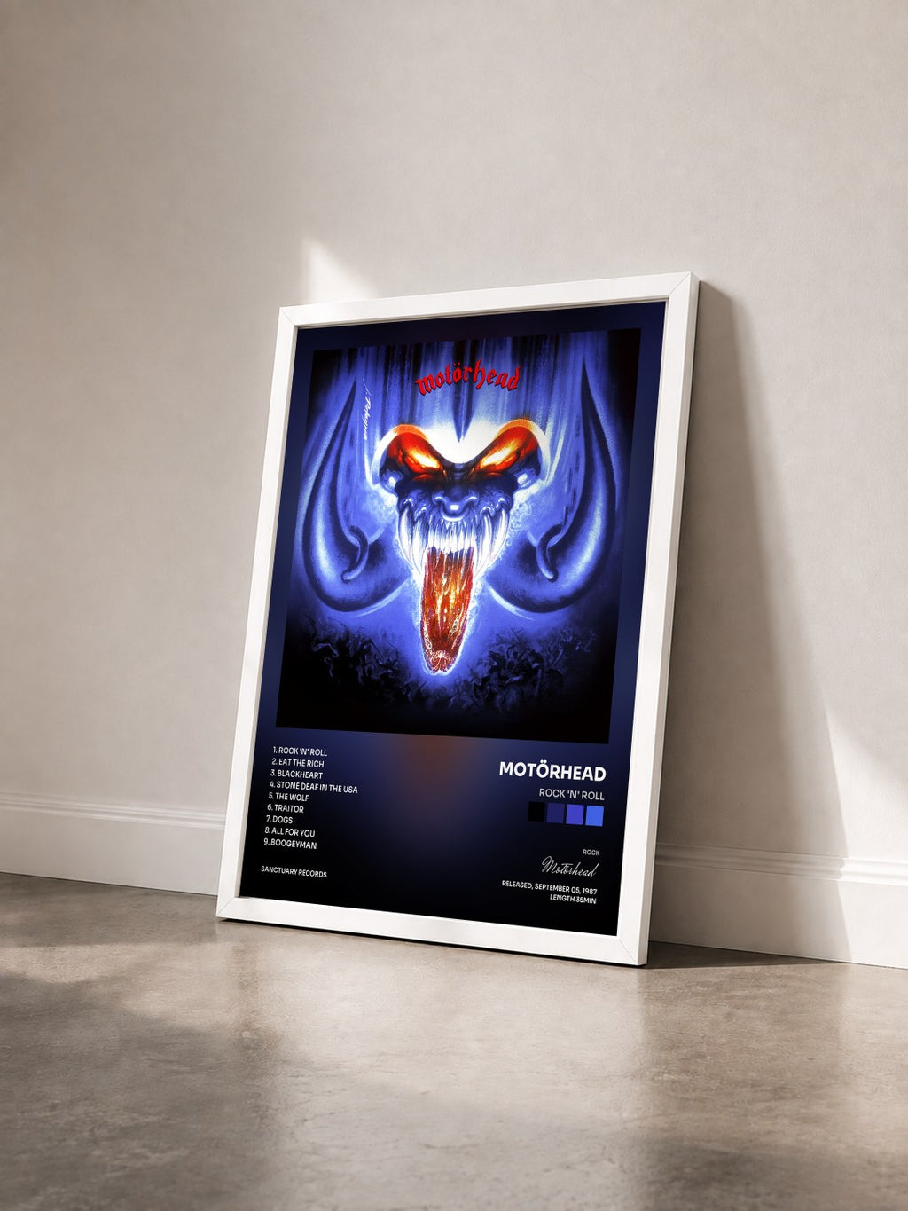 #blanc Tableau de l'album Rock 'n' Roll de Motörhead vu de trois quarts, cadre blanc