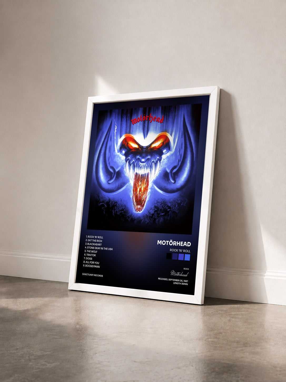 #blanc Tableau de l'album Rock 'n' Roll de Motörhead vu de trois quarts, cadre blanc