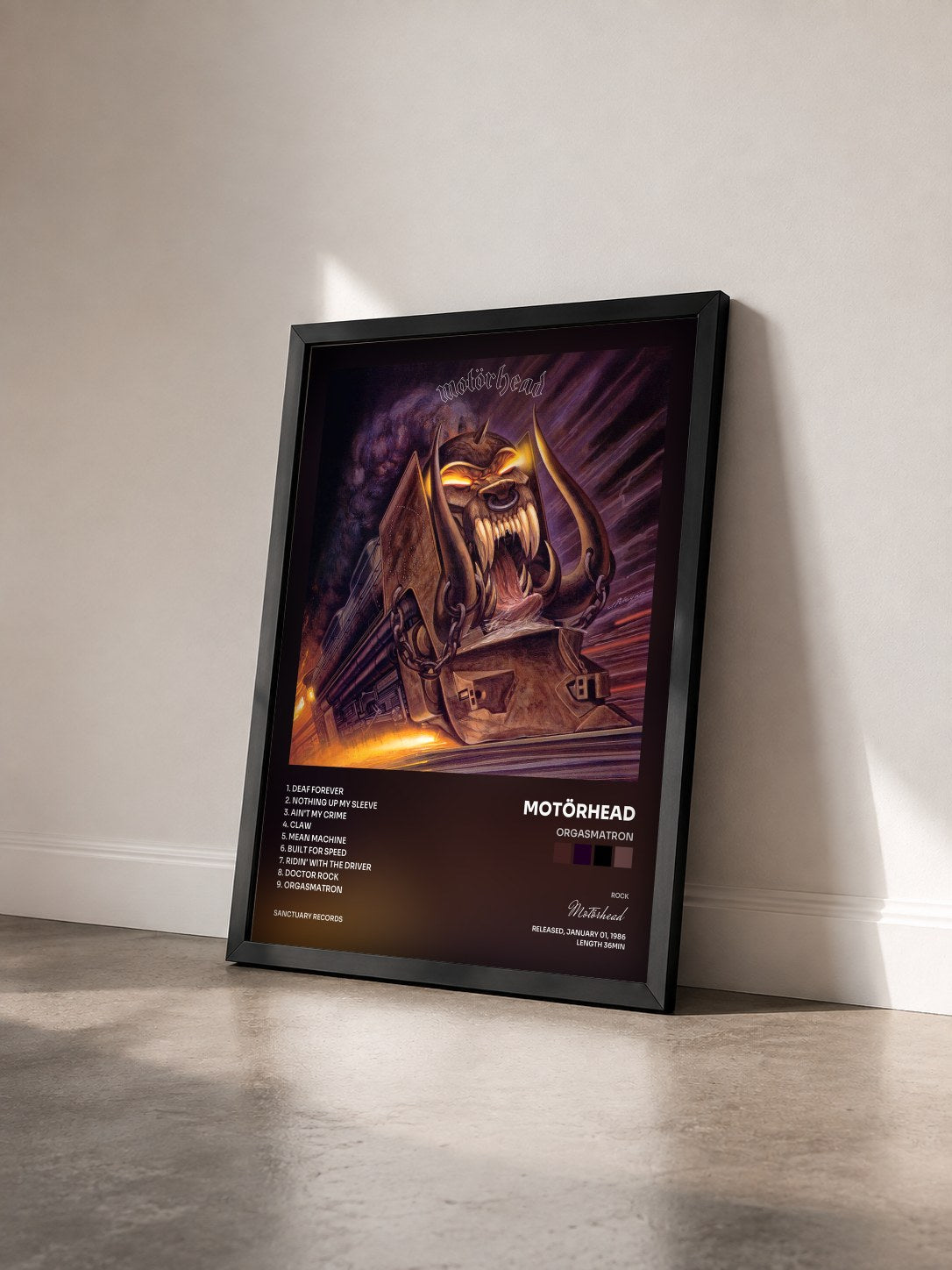 #noir Tableau de l'album Orgasmatron de Motörhead vu de trois quarts, cadre noir