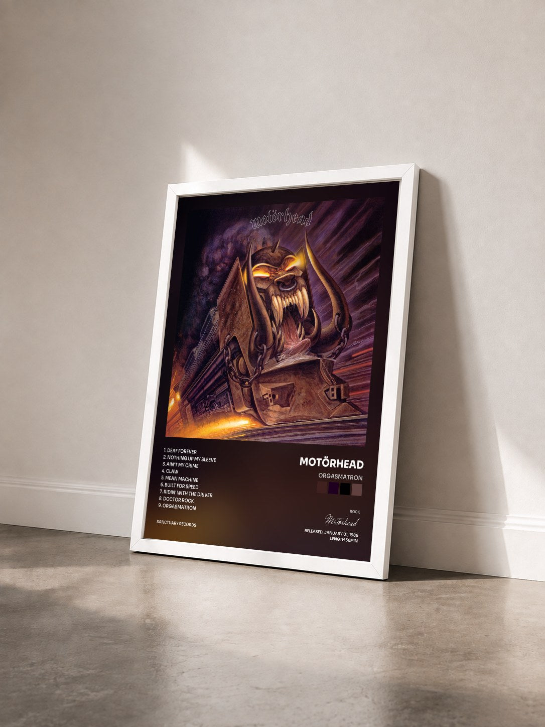 #blanc Tableau de l'album Orgasmatron de Motörhead vu de trois quarts, cadre blanc