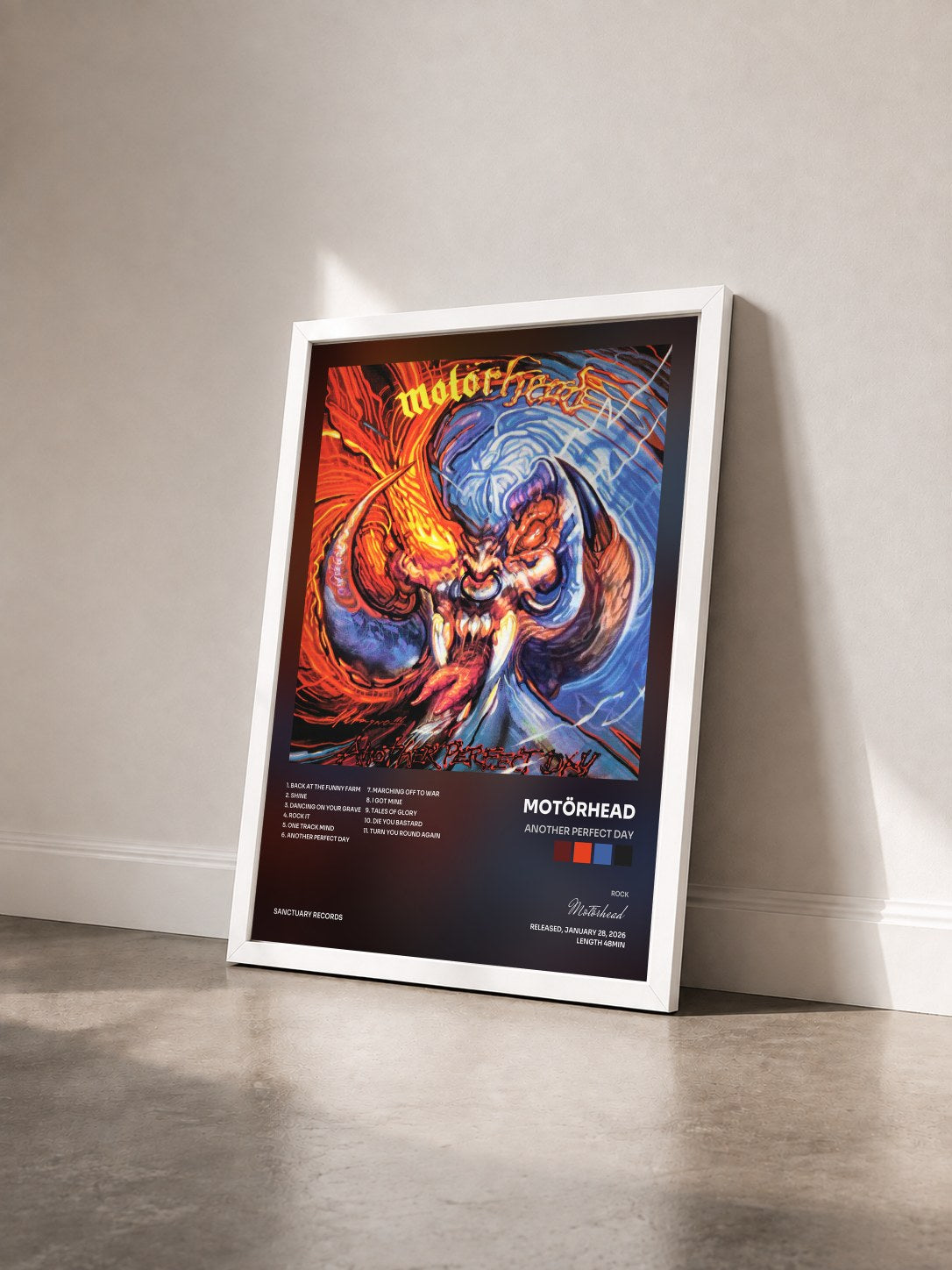 #blanc Tableau de l'album Another Perfect Day de Motörhead vu de trois quarts, cadre blanc