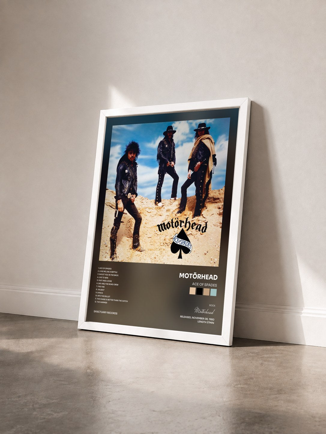 #blanc Tableau de l'album Ace of Spades de Motörhead vu de trois quarts, cadre blanc