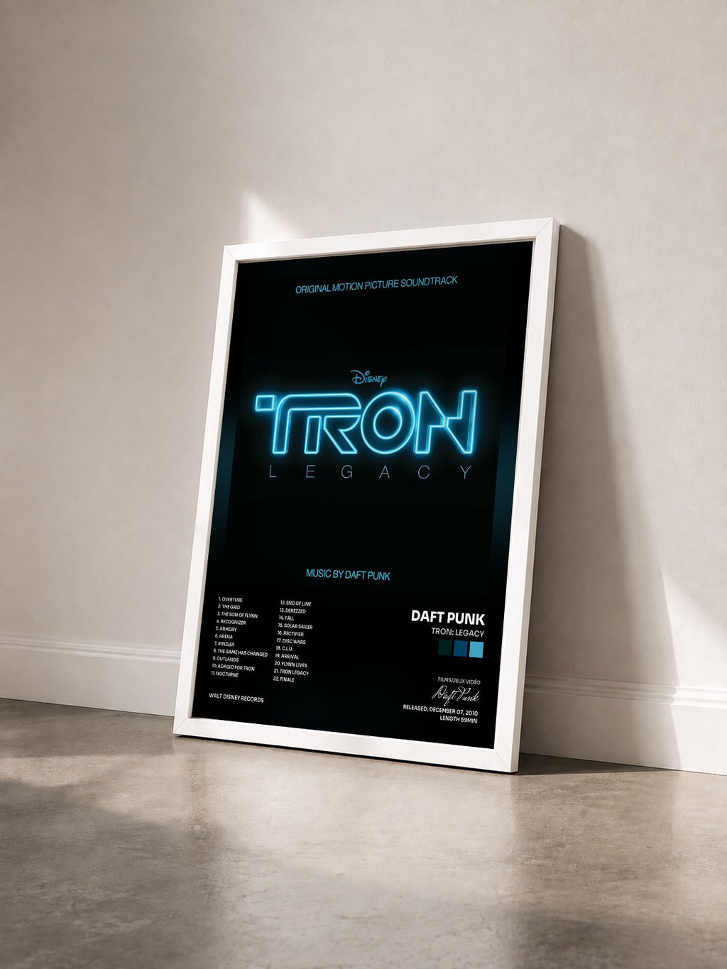 #blanc Tableau de l'album TRON: Legacy de Daft Punk vu de trois quarts, cadre blanc