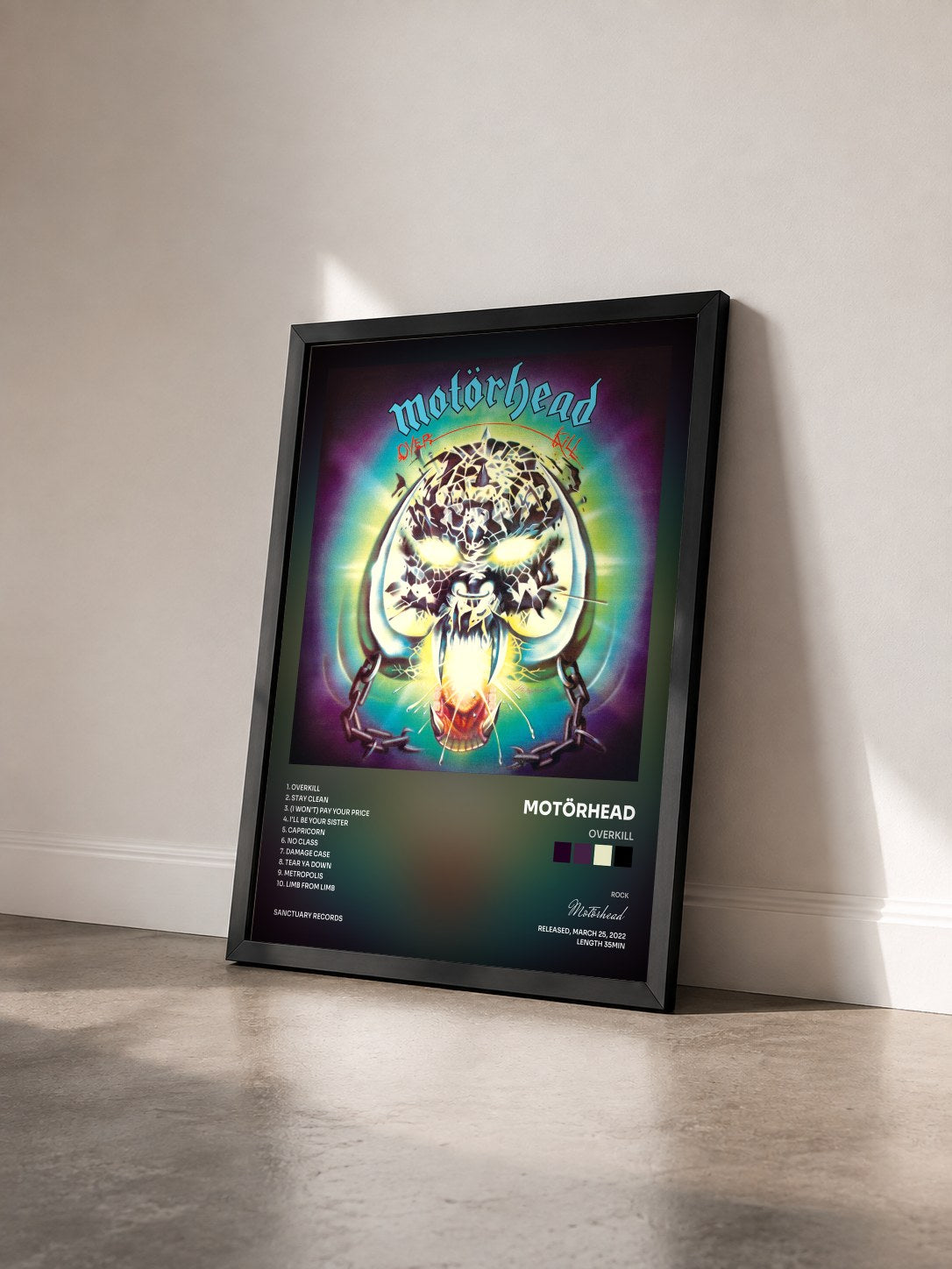 #noir Tableau de l'album Overkill de Motörhead vu de trois quarts, cadre noir