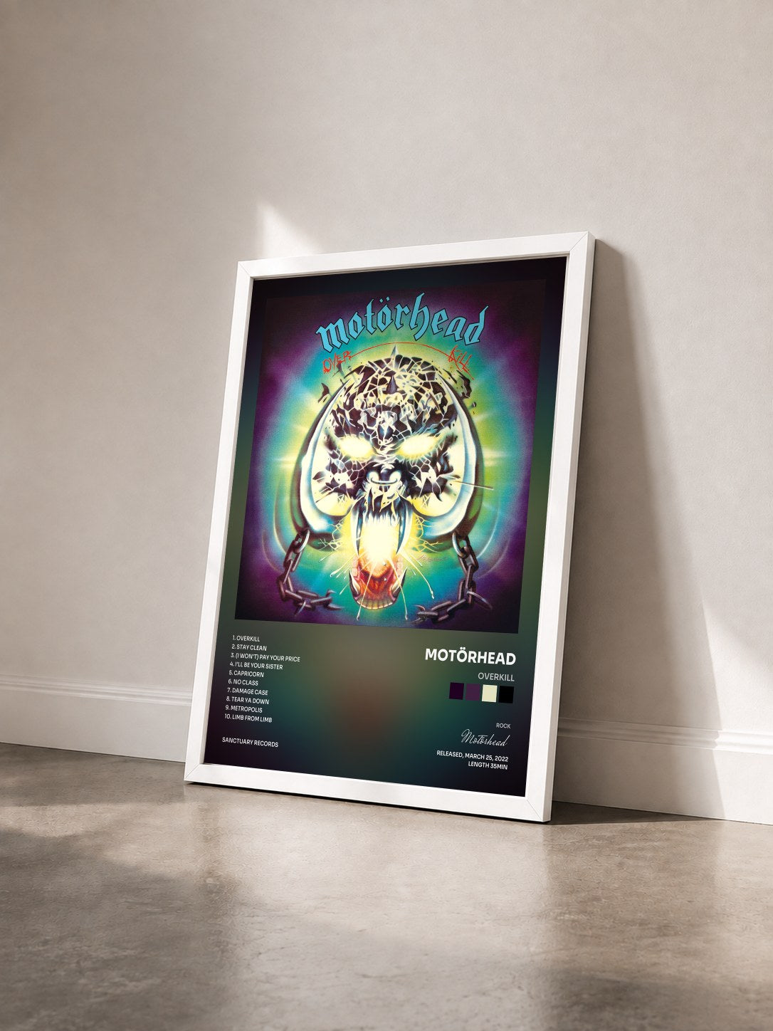 #blanc Tableau de l'album Overkill de Motörhead vu de trois quarts, cadre blanc