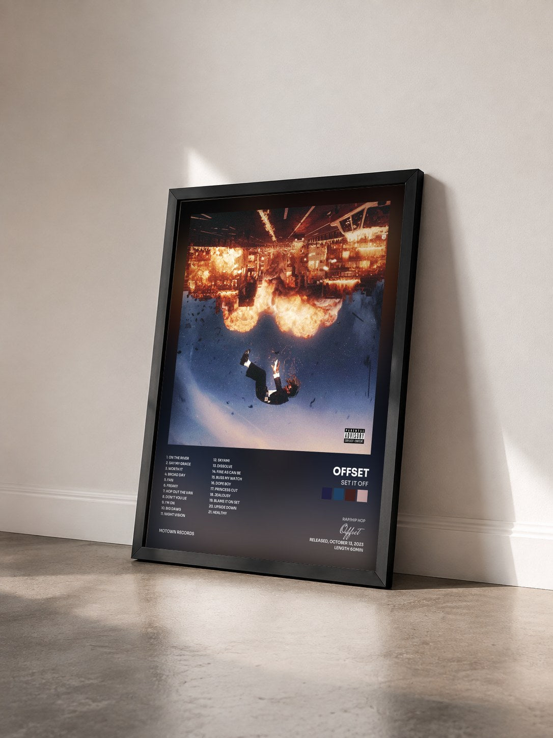 #noir Tableau de l'album SET IT OFF de Offset vu de trois quarts, cadre noir