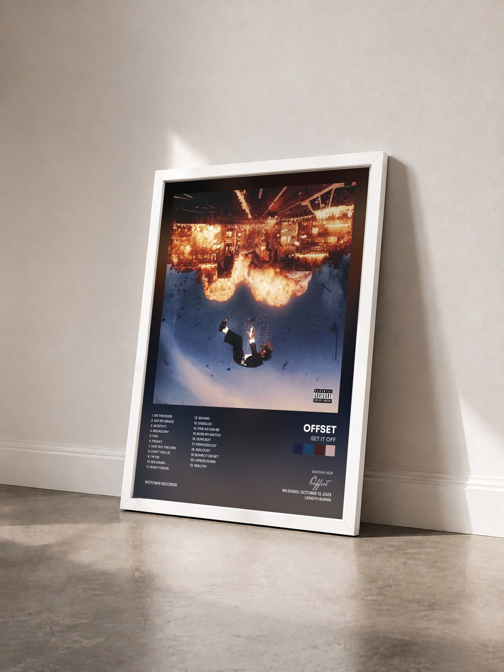 #blanc Tableau de l'album SET IT OFF de Offset vu de trois quarts, cadre blanc