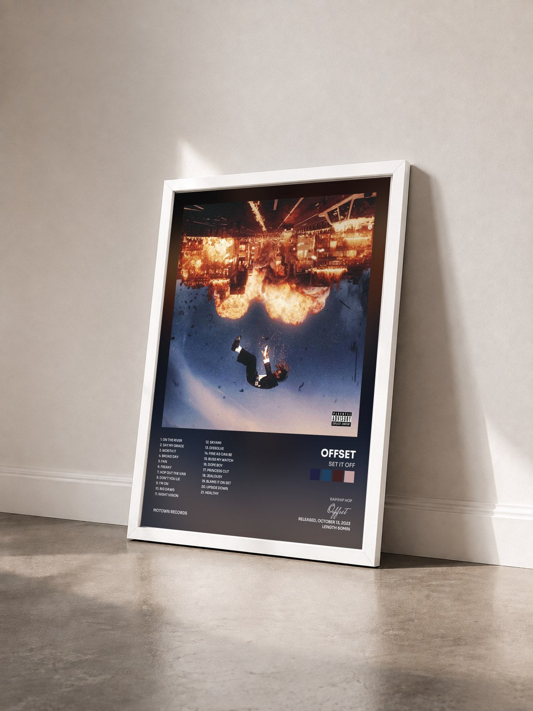 #blanc Tableau de l'album SET IT OFF de Offset vu de trois quarts, cadre blanc