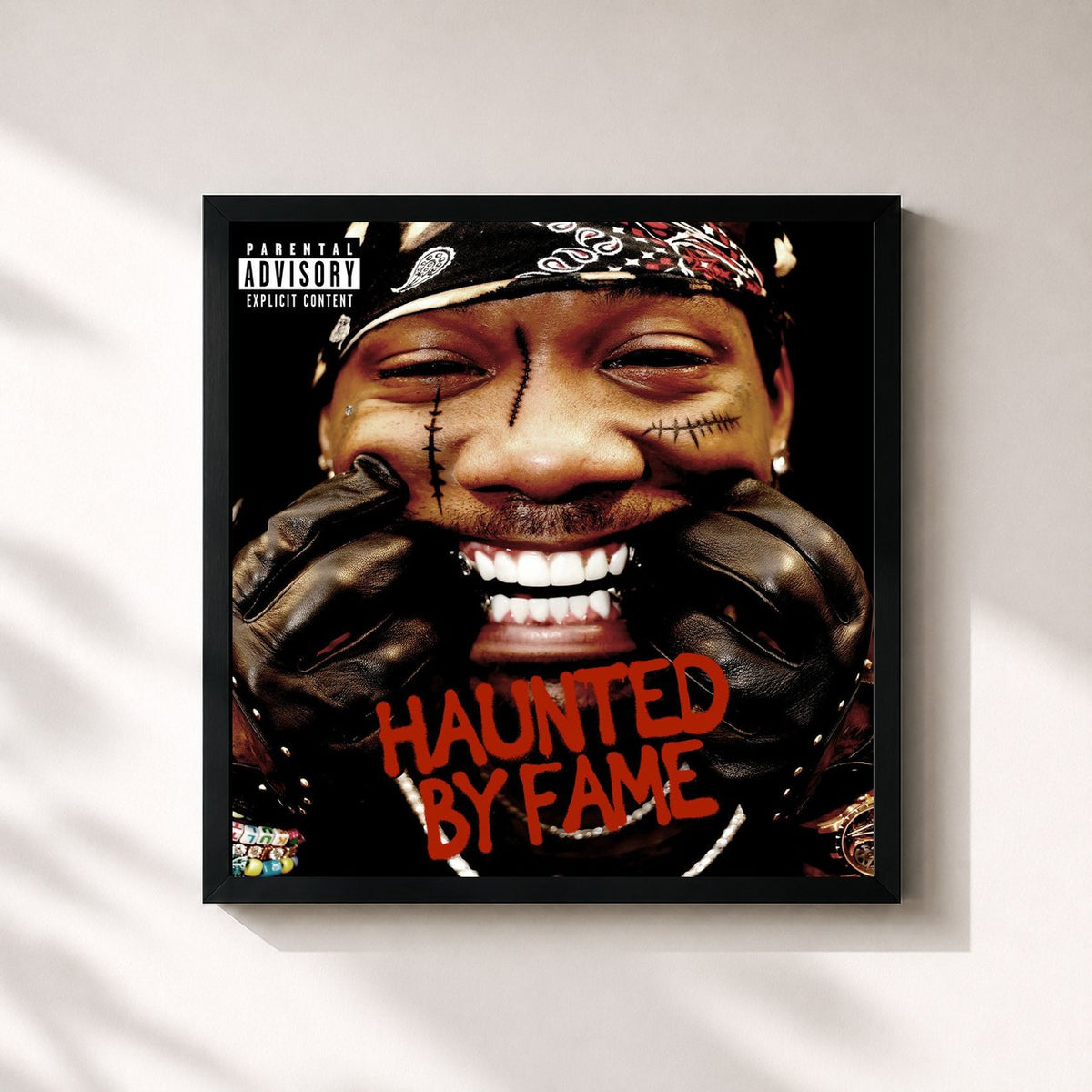 #noir Tableau carré de l'album HAUNTED BY FAME de Offset, cadre noir 32x32 cm