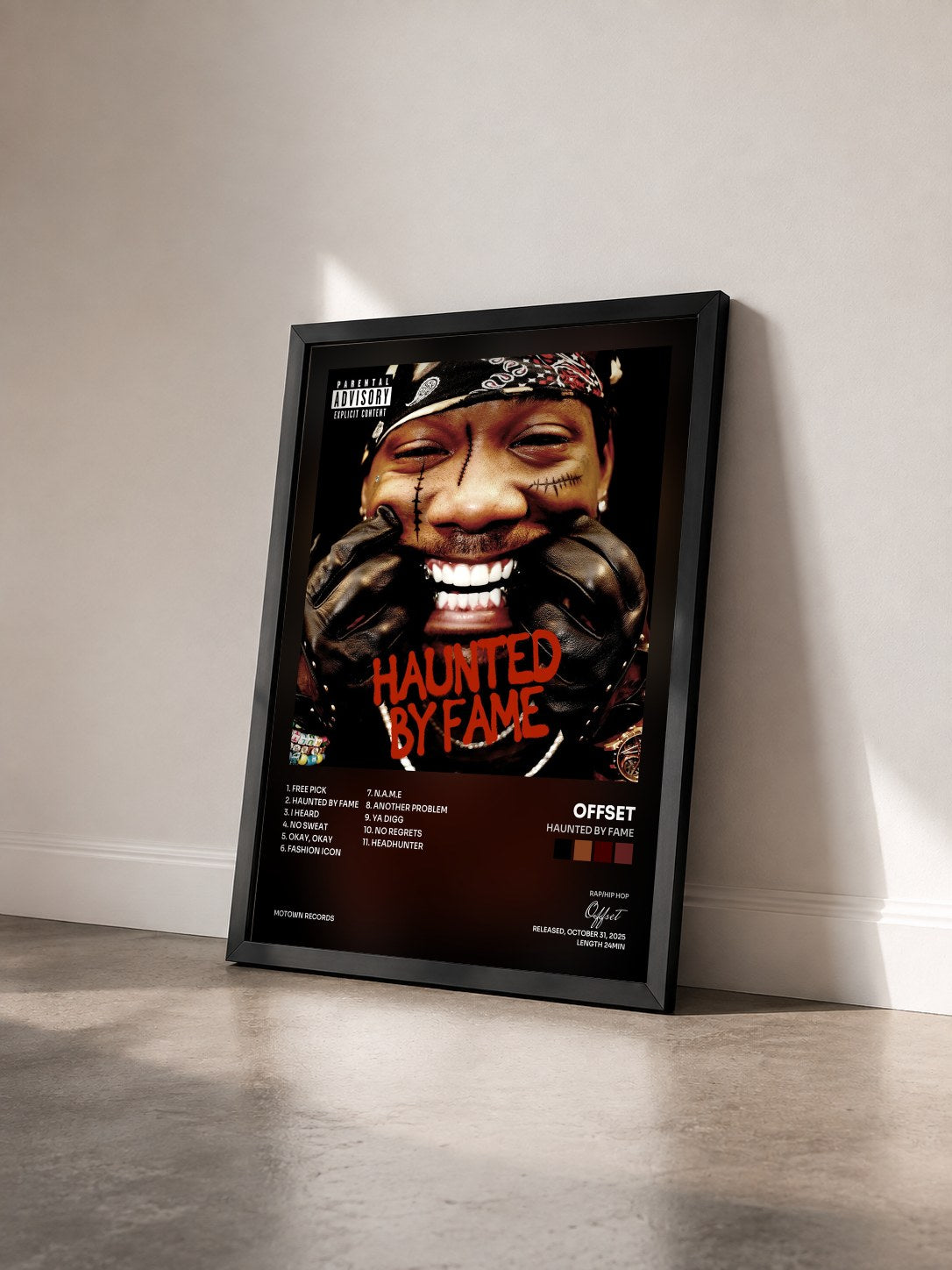 #noir Tableau de l'album HAUNTED BY FAME de Offset vu de trois quarts, cadre noir