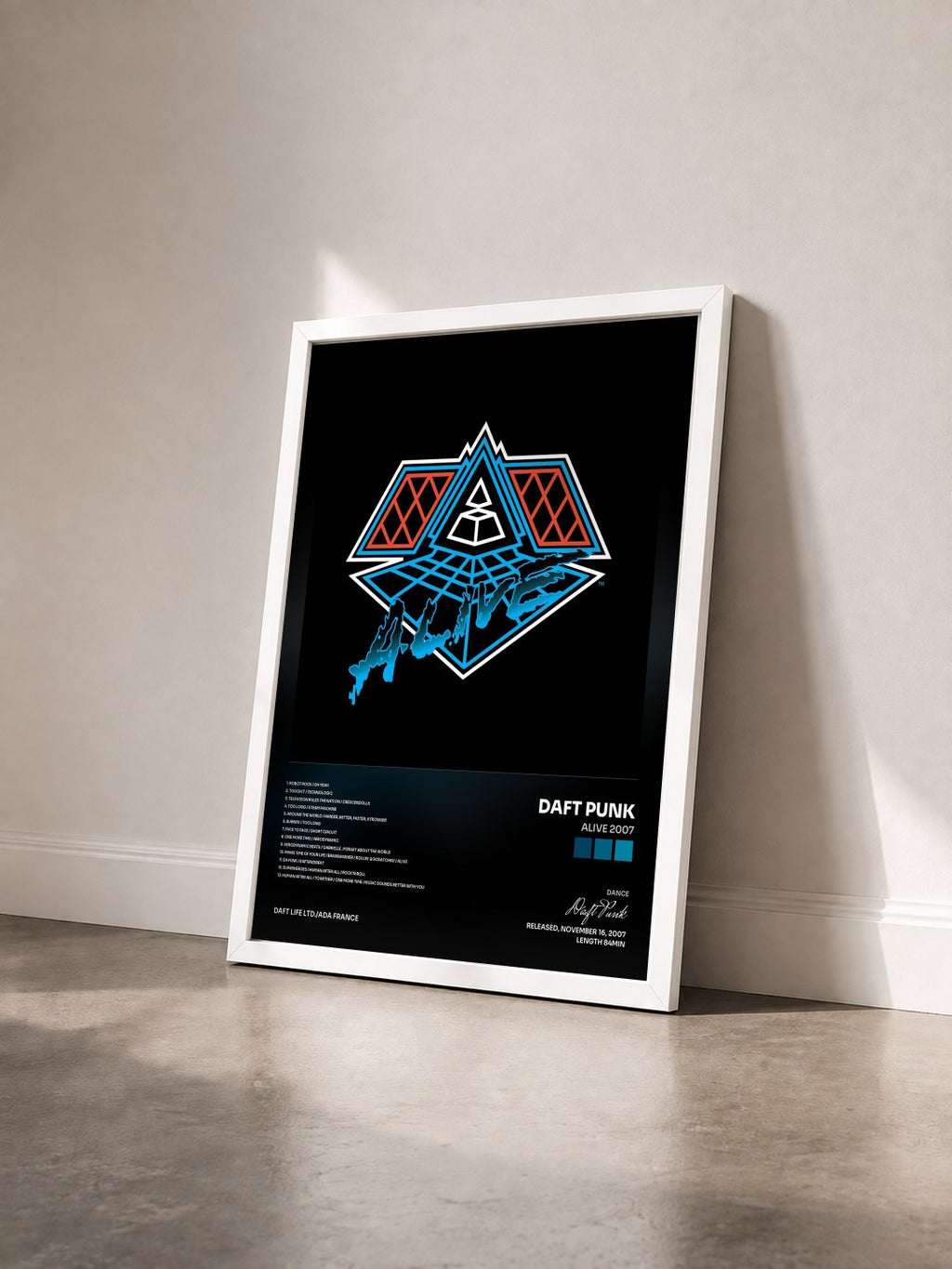 #blanc Tableau de l'album Alive 2007 de Daft Punk vu de trois quarts, cadre blanc