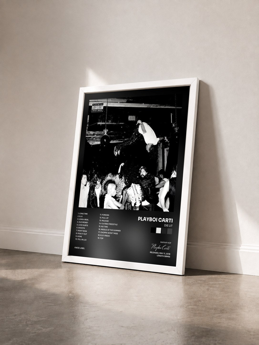 #blanc Tableau de l'album Die Lit de Playboi Carti vu de trois quarts, cadre blanc