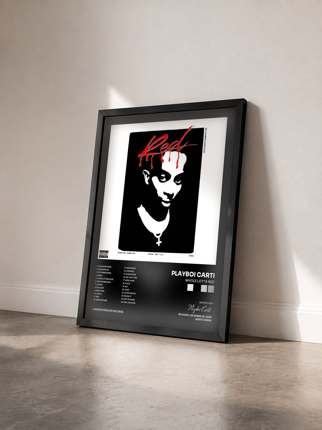 #noir Whole Lotta Red by Playboi Carti as a framed art print seen at an angle, black frame