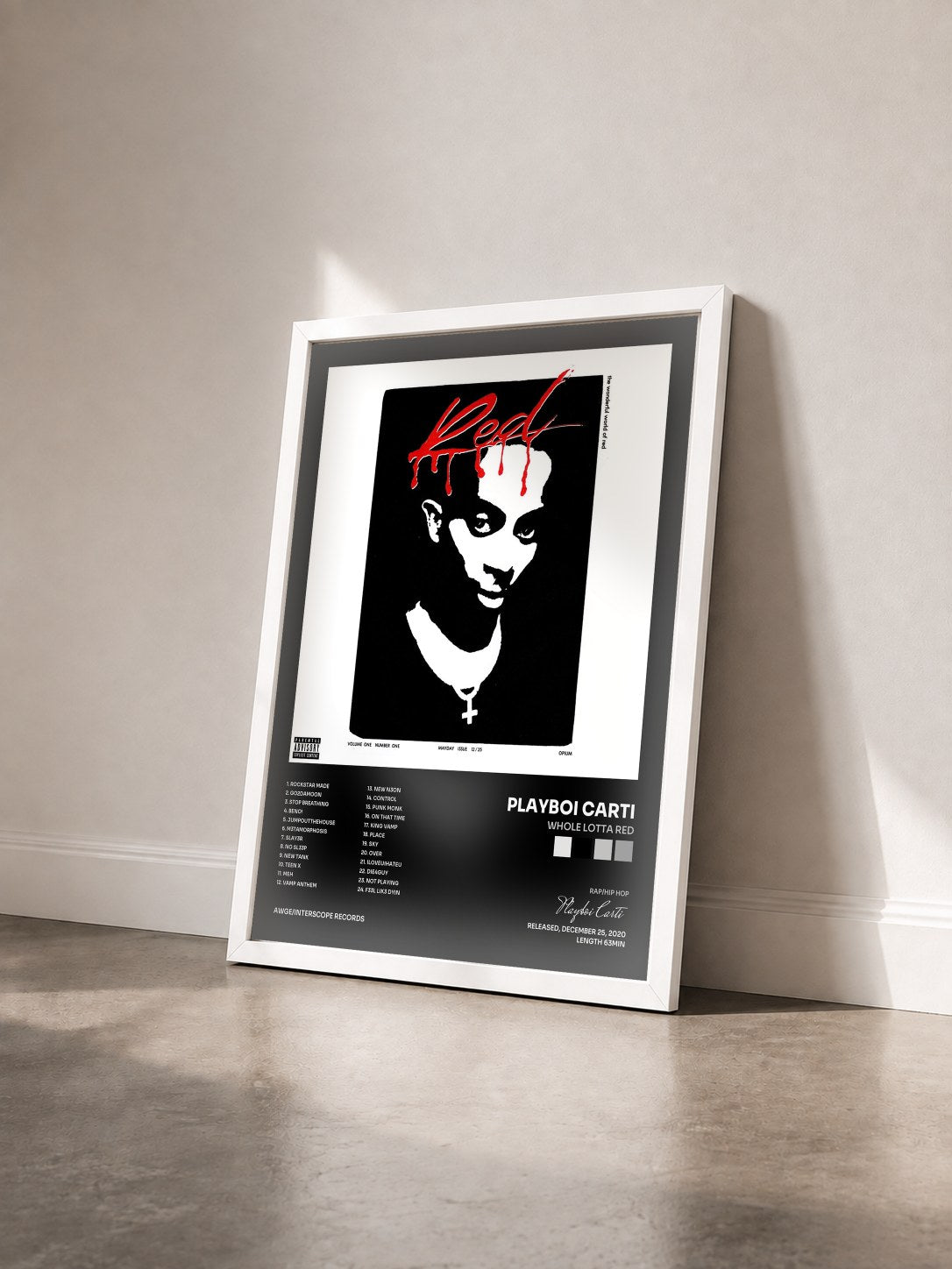 #blanc Whole Lotta Red by Playboi Carti as a framed art print seen at an angle, white frame