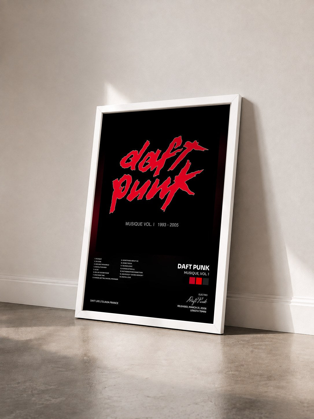 #blanc Musique, Vol. 1 de Daft Punk en lámina enmarcada vista de tres cuartos, marco blanco