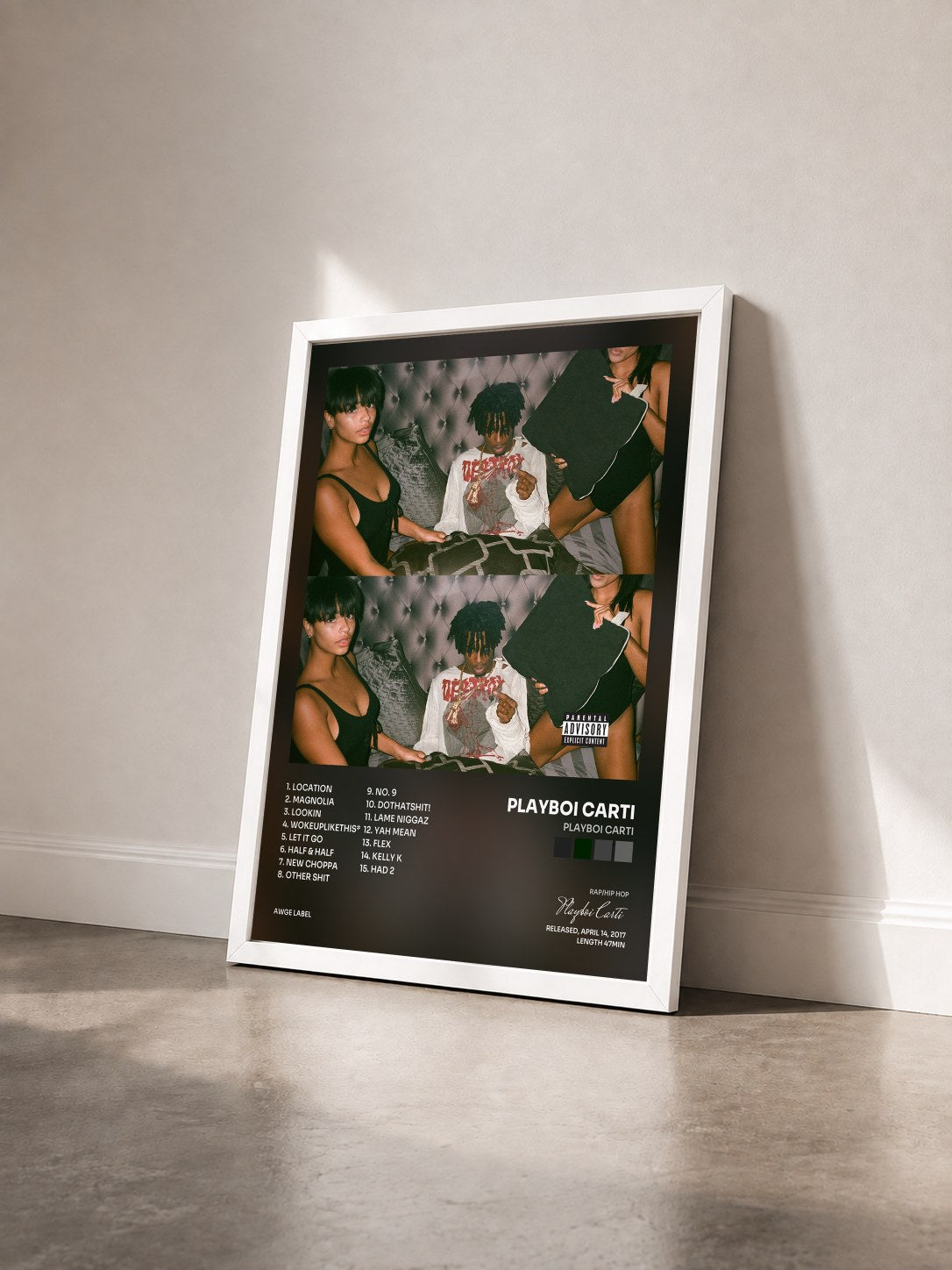 #blanc Tableau de l'album Playboi Carti de Playboi Carti vu de trois quarts, cadre blanc