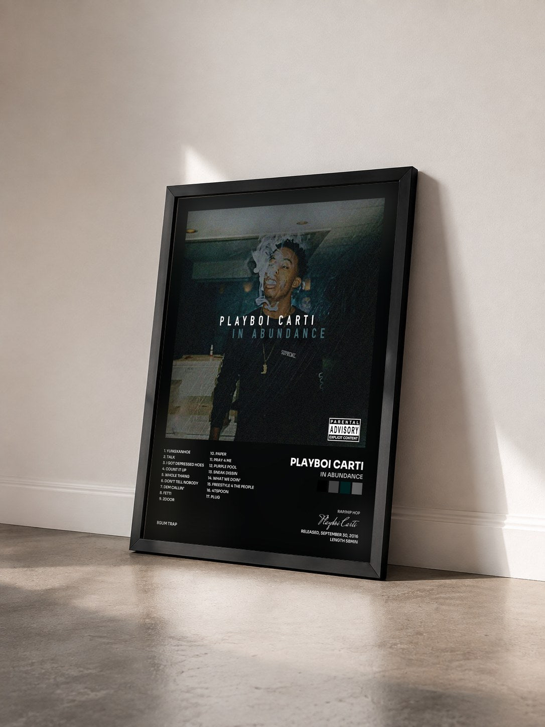#noir In Abundance by Playboi Carti as a framed art print seen at an angle, black frame